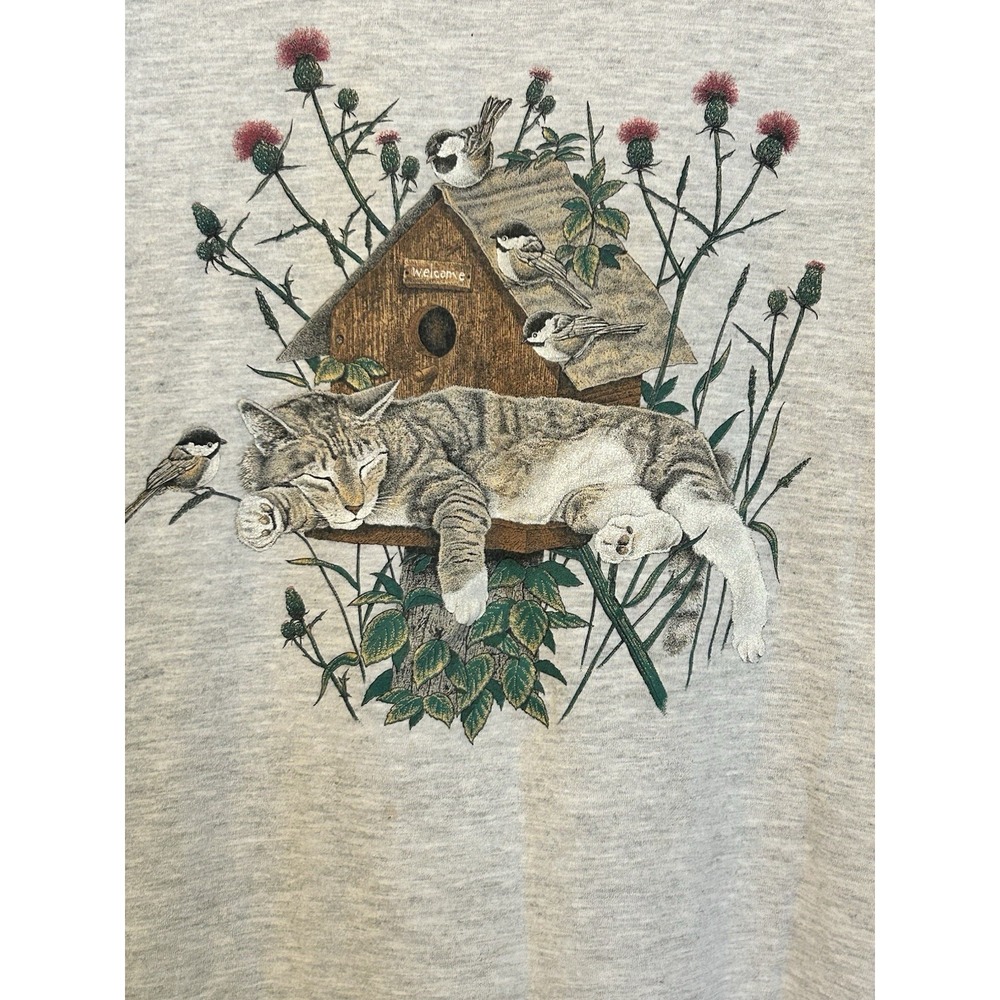 VTG Y2K Cat Birdhouse T Shirt L Grandma Cottagecore Chickadee Granny Nature - Picture 2 of 5